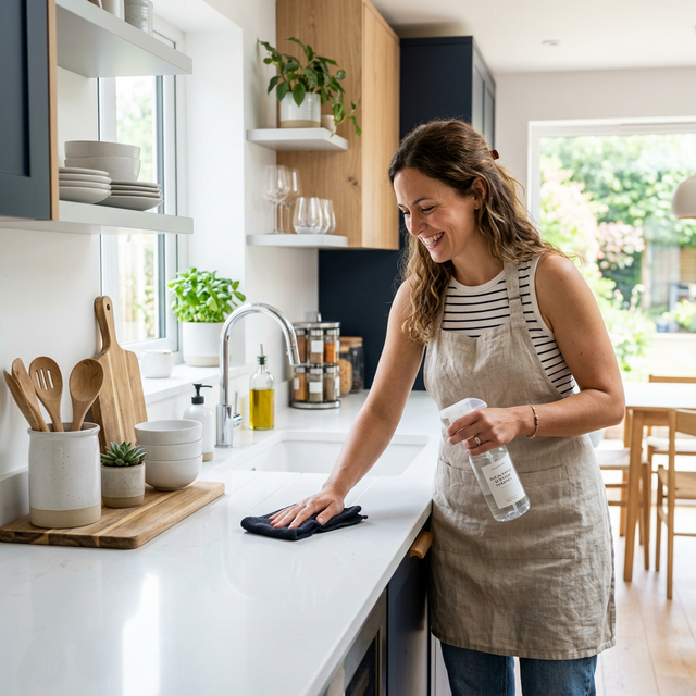 Woman cleaning home kitchen counter