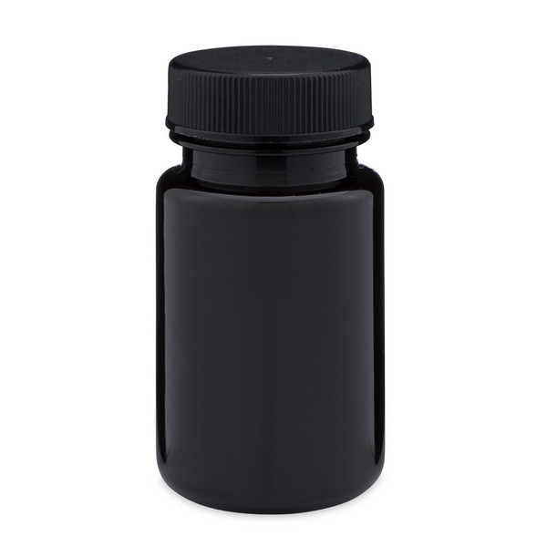 2 oz Dark Amber PET Plastic Wide Mouth Packer Bottles (Black Screw Top Cap)